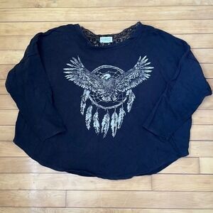 Denim & Supply Ralph Lauren Black Eagle Dreamcatcher Lace Back Graphic Top L